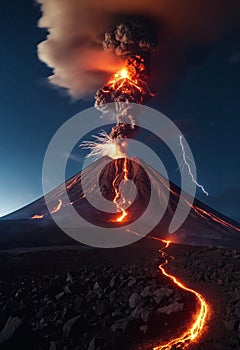 Strong volcanic eruption at night, photo