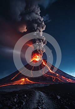 Strong volcanic eruption at night, photo