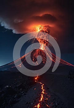 Strong volcanic eruption at night, photo