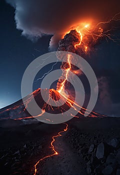 Strong volcanic eruption at night. photo