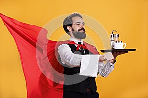 Strong waiter serves food on tray