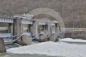 Strong water flowing from a dam of the Monongahela River in Morgantown, West Virginia