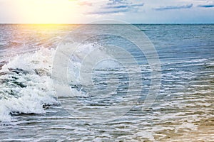 Strong waves crash over the beach at Sea of Azov