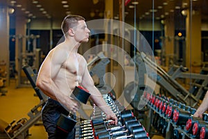 Strong well built bodybuilder lifting dumbbell weights getting ready for exercise in fitness