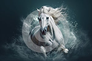 Strong white horse running in water waves