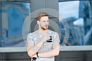 Strong-willed male. unshaven man care his skin and beard. barbershop concept. muscular guy urban style. modern life