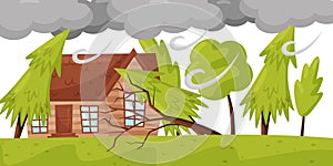 Strong wind breaks trees. Living house and huge gray clouds. Natural disaster. Windstorm theme. Flat vector design