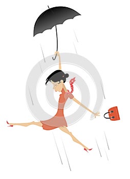 Strong wind, rain and woman with umbrella illustration
