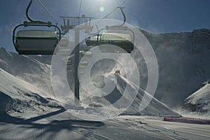 Strong wind storm chair lifts do not work on top of ski resort Gorky Gorod 2200 meters above sea level