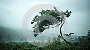 Strong Winds Bending a Lone Tree During a Powerful Storm by the Coastline