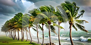 Strong winds bending palm trees during a tropical storm