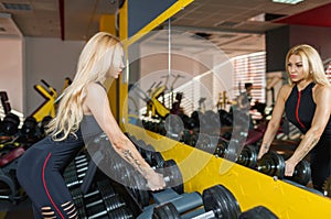 A strong woman is engaged in a gym with heavy dumbbells. Side view.