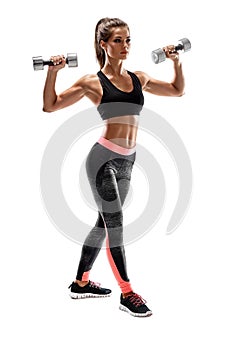 Strong woman exercising with dumbbells for arms. Photo of woman working out with dumbbells on white background.