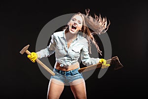 strong woman feminist with axes working.