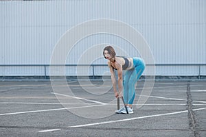 Strong woman using a resistance band in her exercise routine