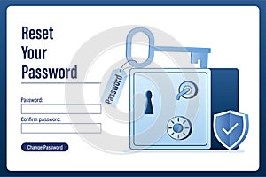 Strongbox with closed door. Reset password landing page. Big key key is on the safe. Security shield
