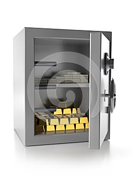 Strongbox with gold bars and pile of US dollar banknotes