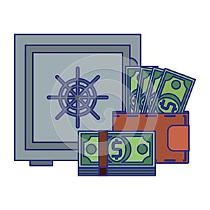 Strongbox and wallet with money symbol blue lines