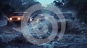 The strongest hurricane. A group of cars is driving along a flooded road. The water level is high and cars are spraying water