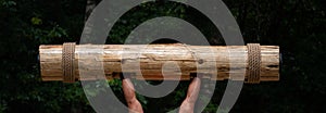 Strongest man in the world competition. Muscular hands lifting up heavy wooden trunk. Giant, mighty man lifting wood log at