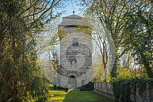 Stronghold tower in Tuchoraz, medieval fortress in small willage near Cesky Brod, Czech Republic