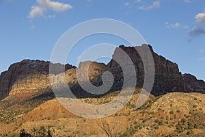 Strongly contrasted and colourful mountain panorama in Springdale, near Zion National Park
