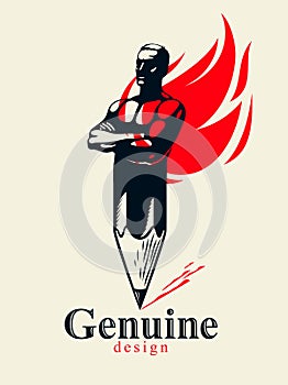 Strongman muscle man combined with pencil and fire flame into a symbol, strong design concept, creative power allegory, vector