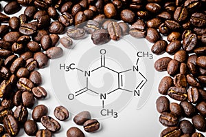 Structural chemical formula of caffeine molecule with roasted coffee beans