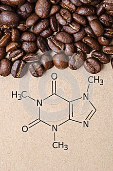 Structural chemical formula of caffeine molecule with roasted coffee beans