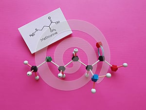 Structural chemical formula of methionine molecule. Molecular structure model of methionine amino acid