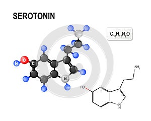 Structural chemical formula and model of molecule of Serotonin. photo