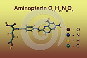 Structural chemical formula and molecular model of aminopterin, a synthetic derivate of pterin with antineoplastic and photo