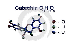 Structural chemical formula and molecular model of catechin, one of the polyphenols present in green tea. Scientific photo