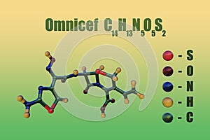 Structural chemical formula and molecular model of cefdinir, a cephalosporin antibiotic. 3d illustration