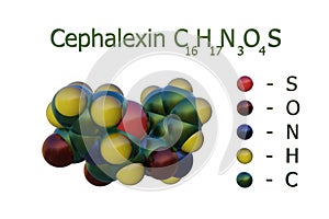 Structural chemical formula and molecular model of cephalexin, a beta-lactam, first-generation cephalosporin antibiotic
