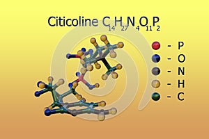 Structural chemical formula and molecular model of citicoline, a nutritional supplement and the source of cytidine and