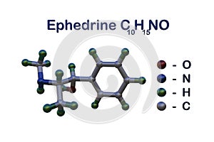 Structural chemical formula and molecular model of ephedrine. Ephedrine is used as decongestant, stimulant and appetite