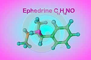 Structural chemical formula and molecular model of ephedrine. Ephedrine is used as decongestant, stimulant and appetite