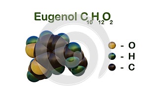 Structural chemical formula and molecular model of eugenol used in perfumes, flavorings and essential oils. It is also