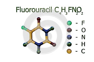 Structural chemical formula and molecular model of fluorouracil, an anti-cancer antineoplastic or cytotoxic