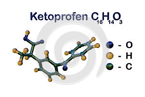 Structural chemical formula and molecular model of ketoprofen, the nonsteroidal anti-inflammatory drug NSAID with