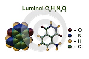 Structural chemical formula and molecular model of luminol, an organic compound that emits light when oxidized. This