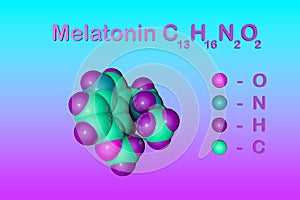 Structural chemical formula and molecular model of melatonin, a hormone that regulates sleep and wakefulness. Melatonin