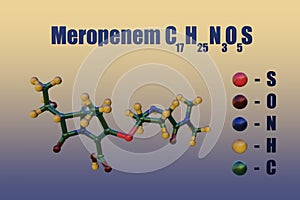 Structural chemical formula and molecular model of meropenem, a carbapenem-type antibiotic. 3d illustration