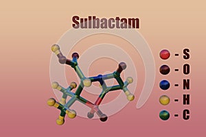 Structural chemical formula and molecular model of sulbactam, a beta-lactamase inhibitor. 3d illustration