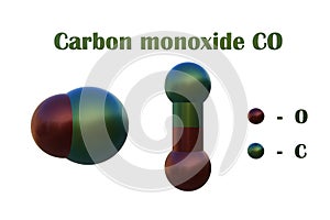 Structural chemical formula and molecular models of carbon monoxide, a colorless, odorless, tasteless, flammable gas
