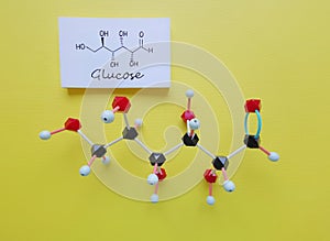 Structural chemical formula and molecular structure model of glucose molecule on yellow background.