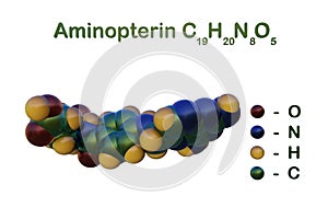 Structural chemical formula and space-filling molecular model of aminopterin, a synthetic derivate of pterin and the photo