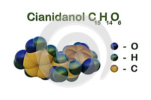 Structural chemical formula and space-filling molecular model of cianidanol or catechin, the polyphenol present in green photo