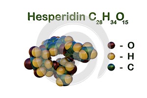 Structural chemical formula and space-filling molecular model of hesperidin, a bioactive flavonoid that possess photo